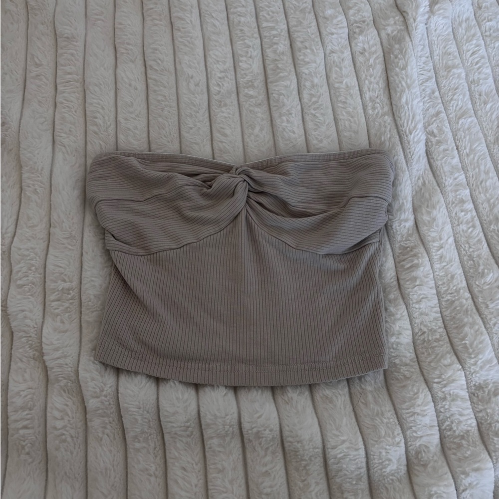 Beige Ribbed Strapless Top